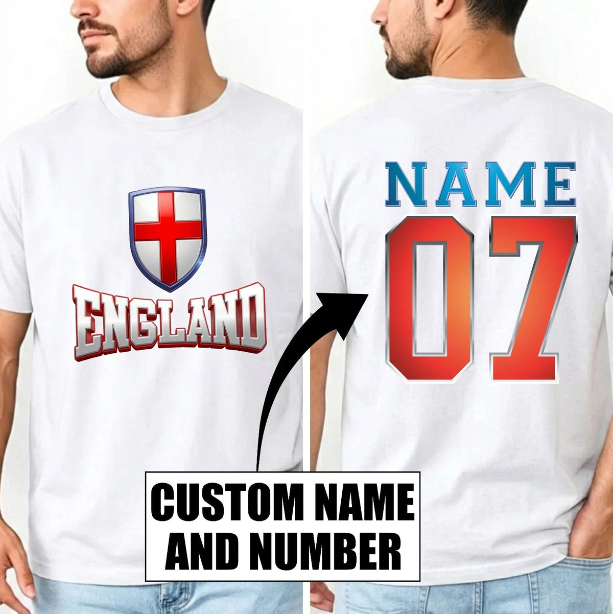 Personalised 3D Effect England Football Custom Name Number English Top Unisex