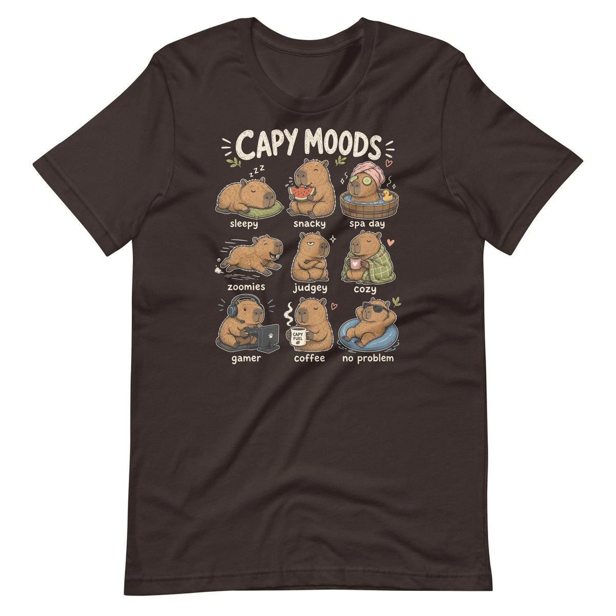 Capy Moods Shirt Funny Capybara Sleepy Snacky Cozy Gamer Coffee Animal Lover Tee