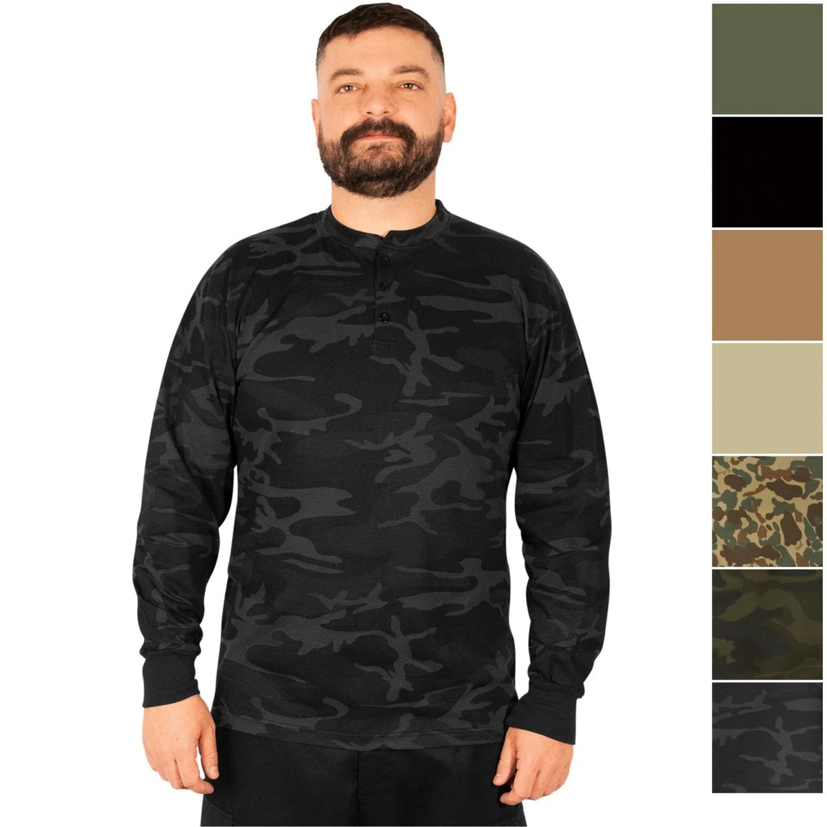 Mens Long Sleeve Henley Round Neck Military Shirt with Reinforced Seams Unisex