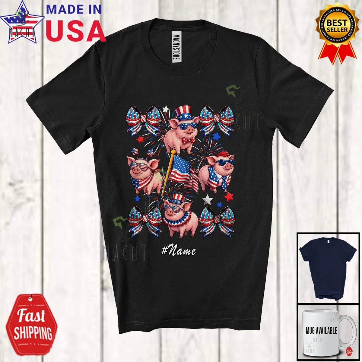 Custom Name Pig Collection; 4th Of July US Flag Farmer; Women Patriotic Shirt Unisex