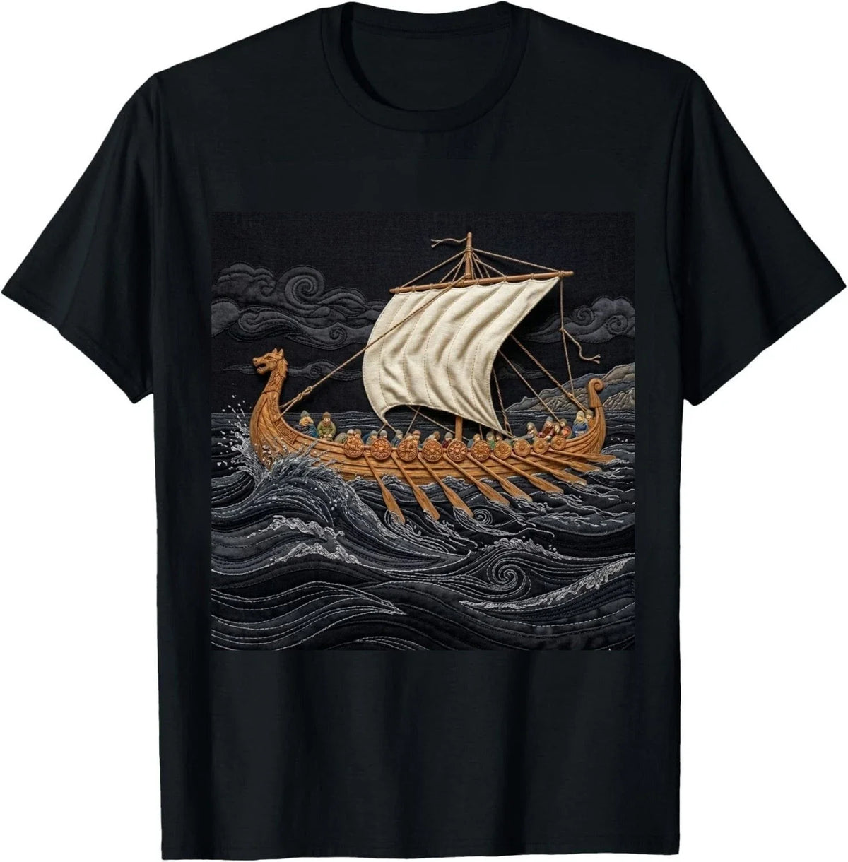 Viking Longship Patchwork Norse Warrior Graphic Gift Tee Unisex