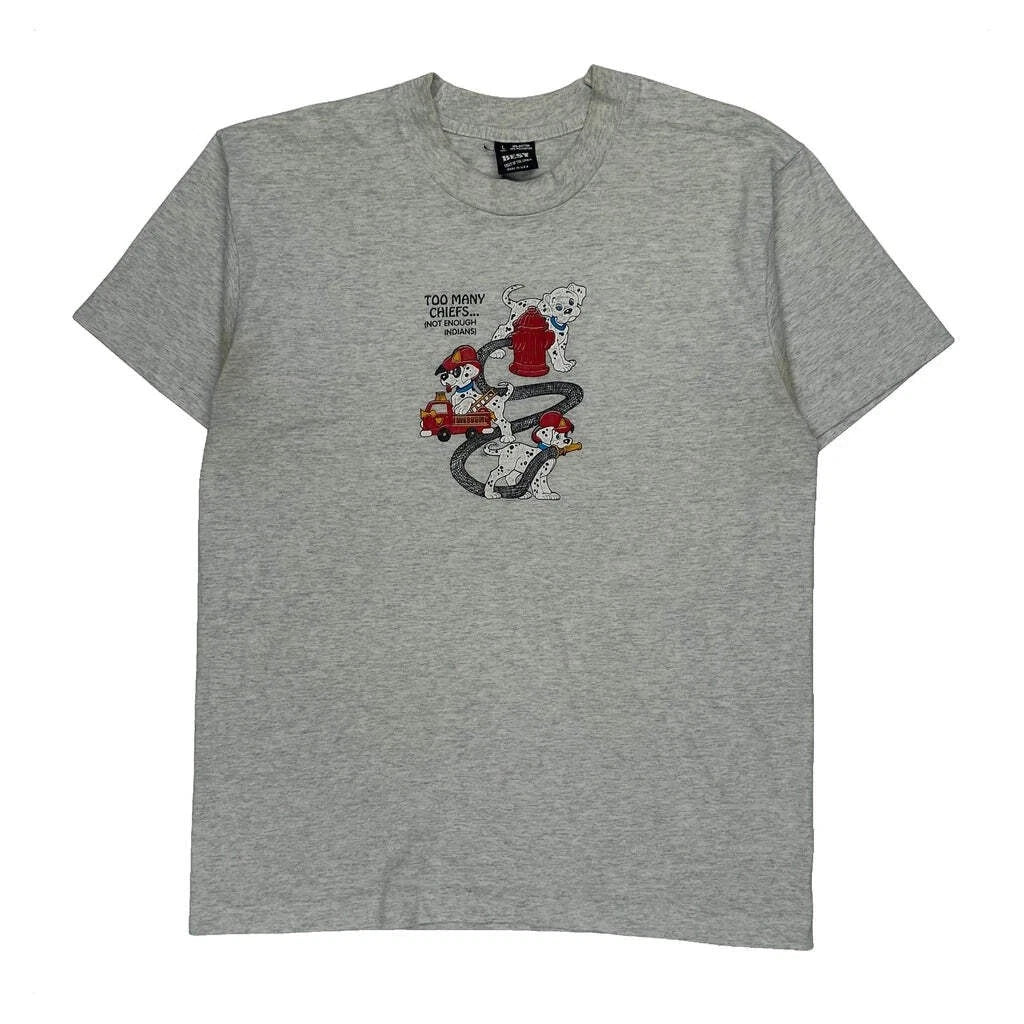 Firefighter Puppies Fruit Of The Loom Cartoon T-Shirt - Large Grey Cotton Blend