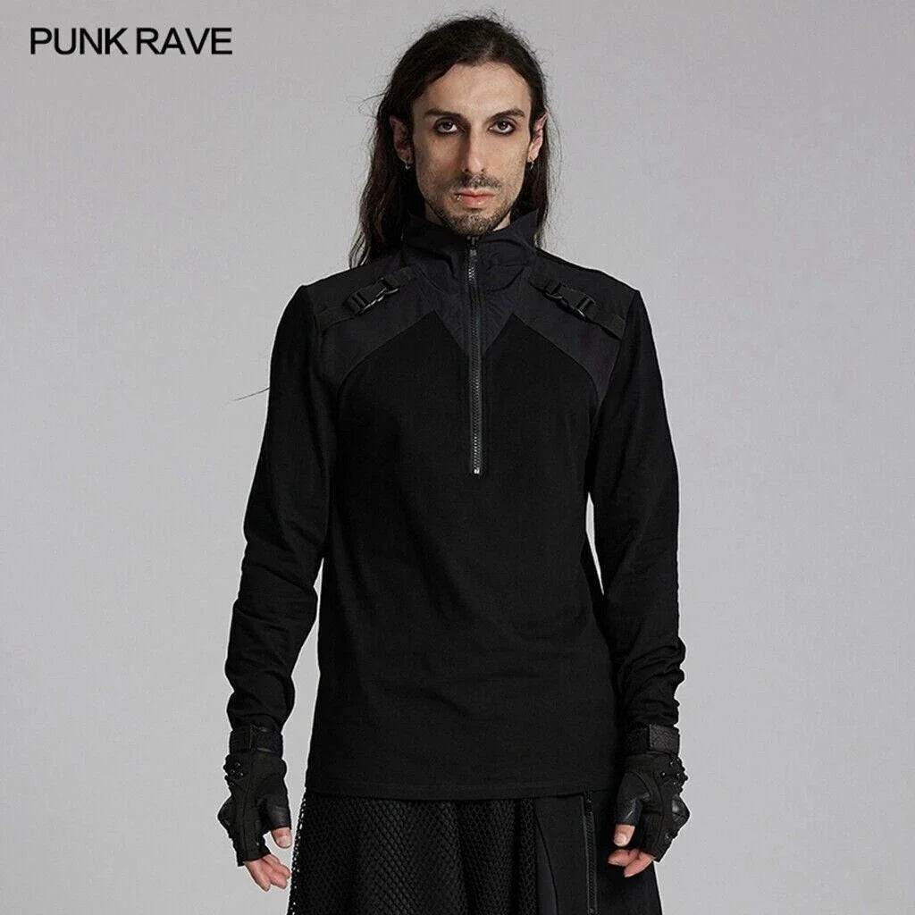 Punk Rave Men Black Gothic Techwear Style Long Sleeved Slim Fitted Unisex