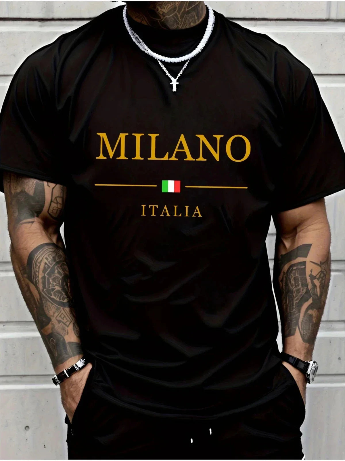 100% Premium Cotton Men's Milano Italy Graphic Print | Black Crew Neck S Unisex