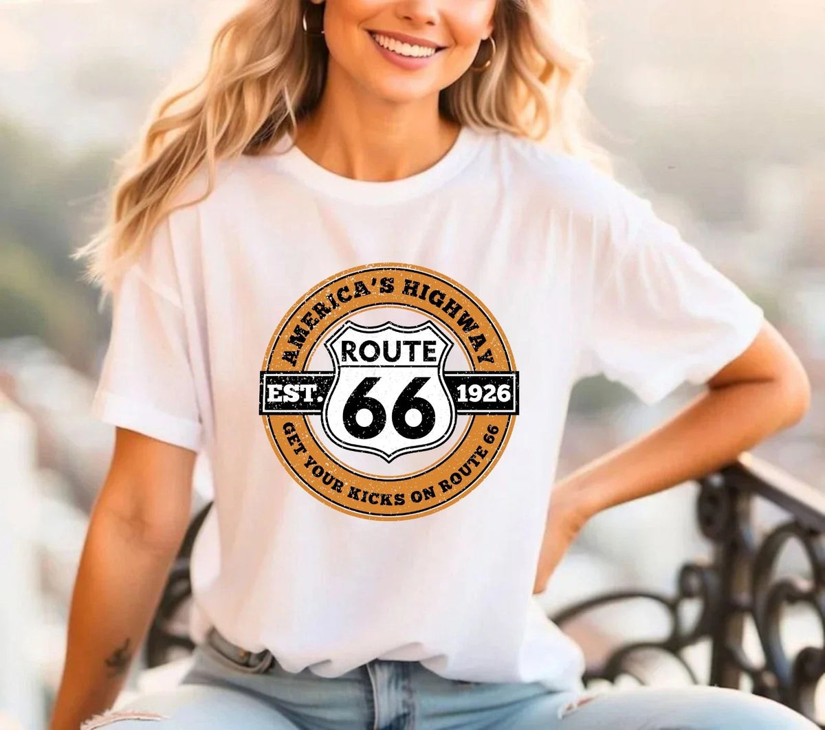 Vintage Route 66 Classic Biker - Americas Highway Retro Road Trip Tee Unisex