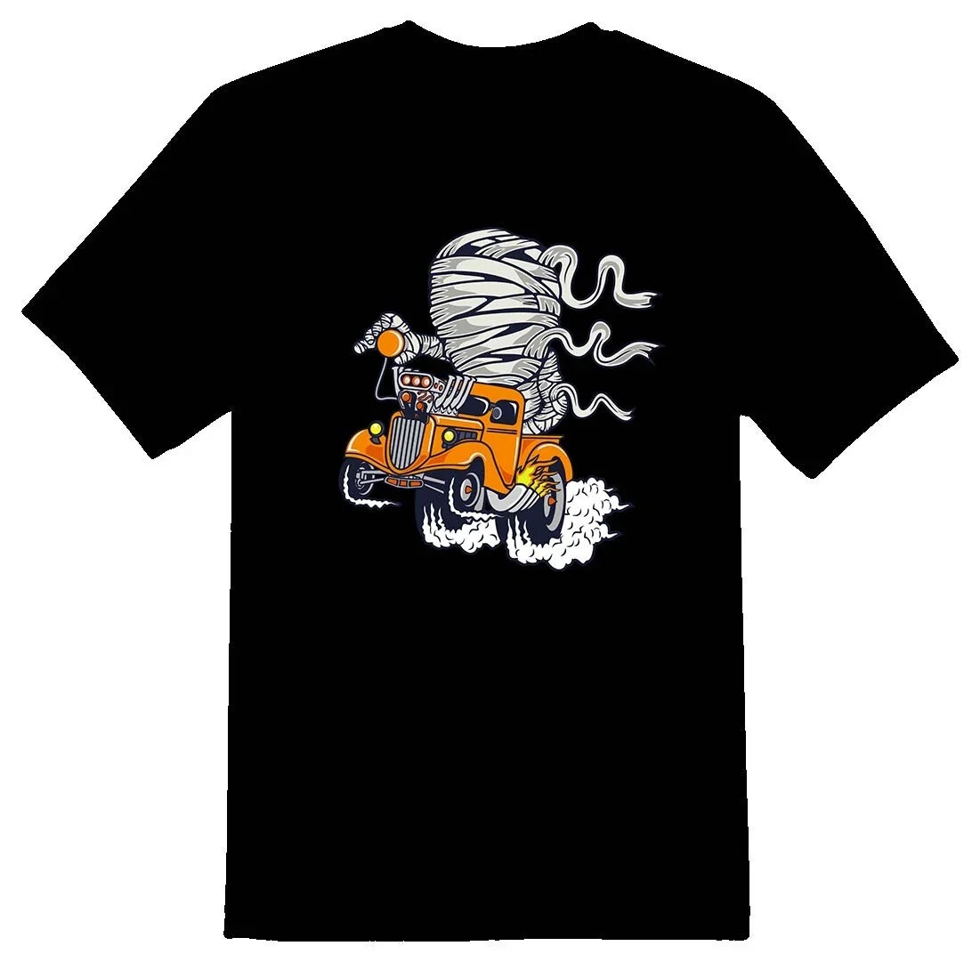 Mummy racer orange hotrod drag truck Tee shirt black or white Unisex