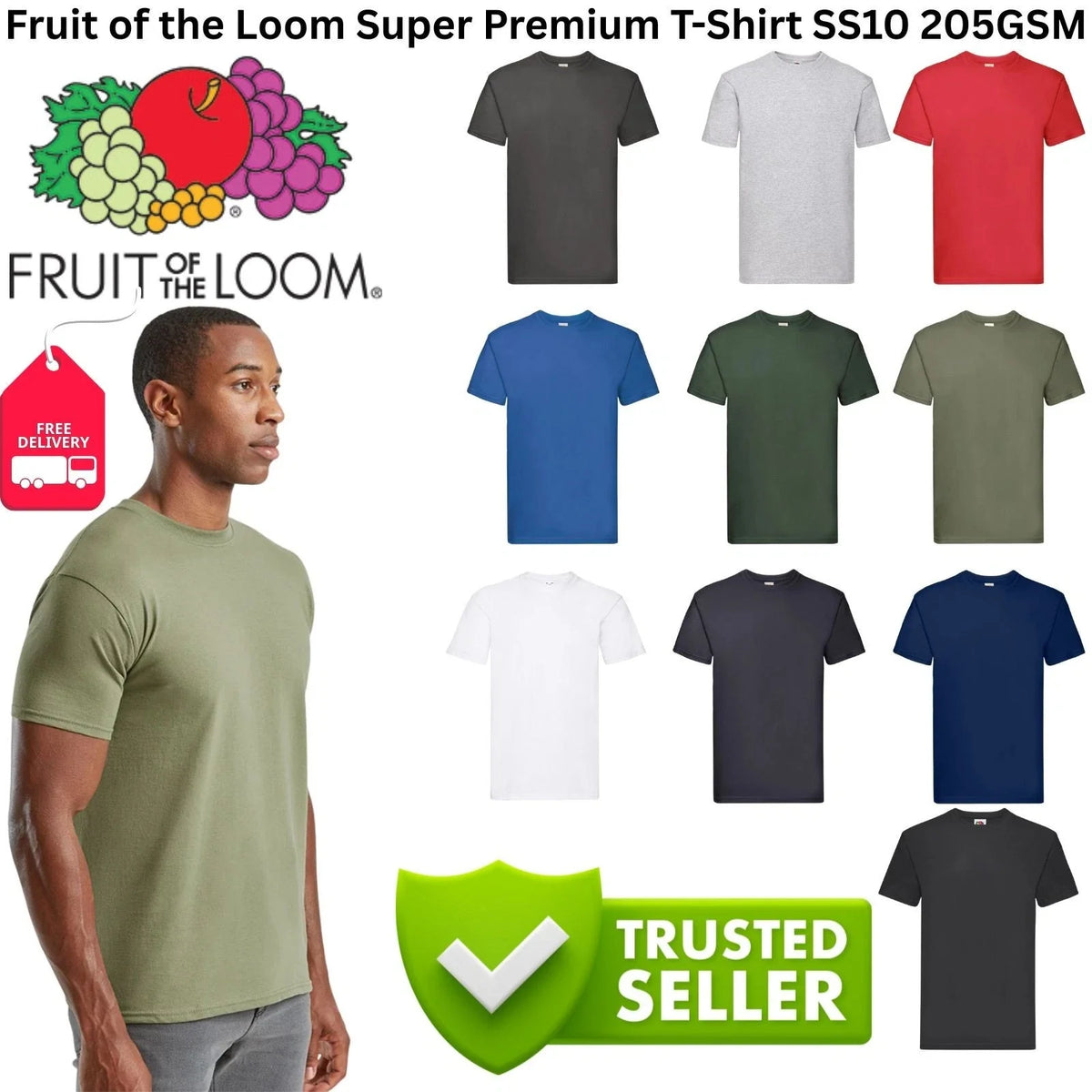 Fruit of the Loom Super Premium 205GSM Mens Heavyweight Cotton Plain Tee Unisex