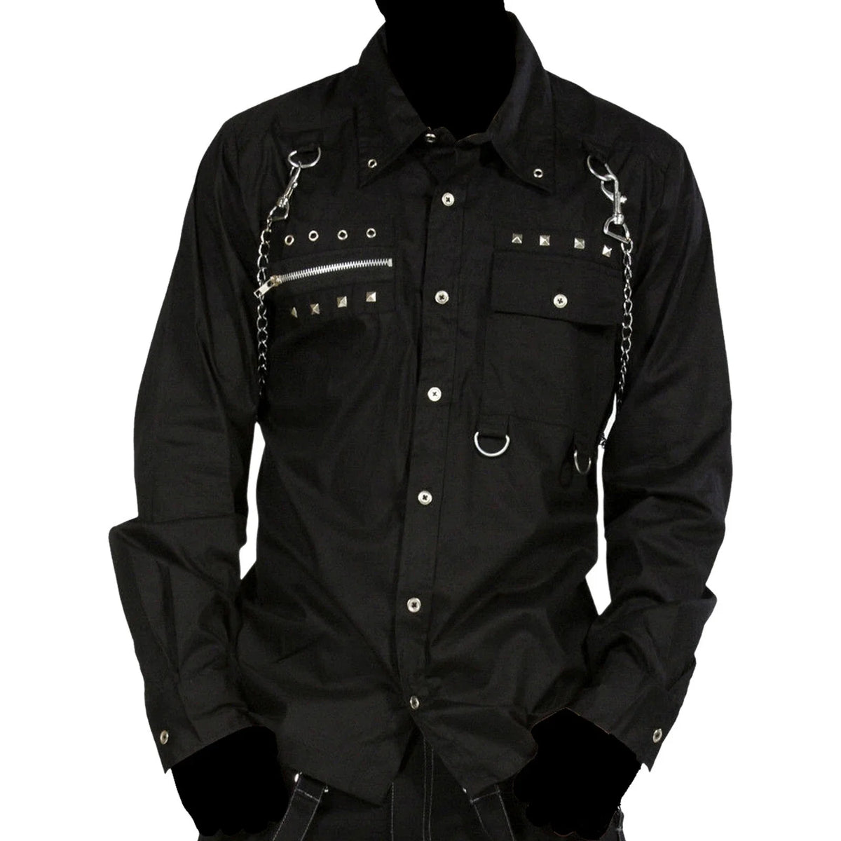Men Gothic Studded Long Sleeves Shirt Zipper Chains Punk Officers Black Shirt Unisex