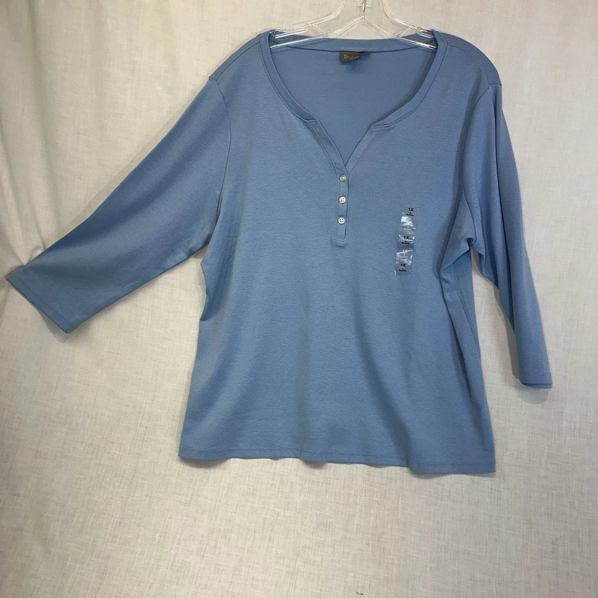 Style & Co. Women’s 1X NWT Blue 3/4 Sleeve Henley Top 100% Cotton Unisex