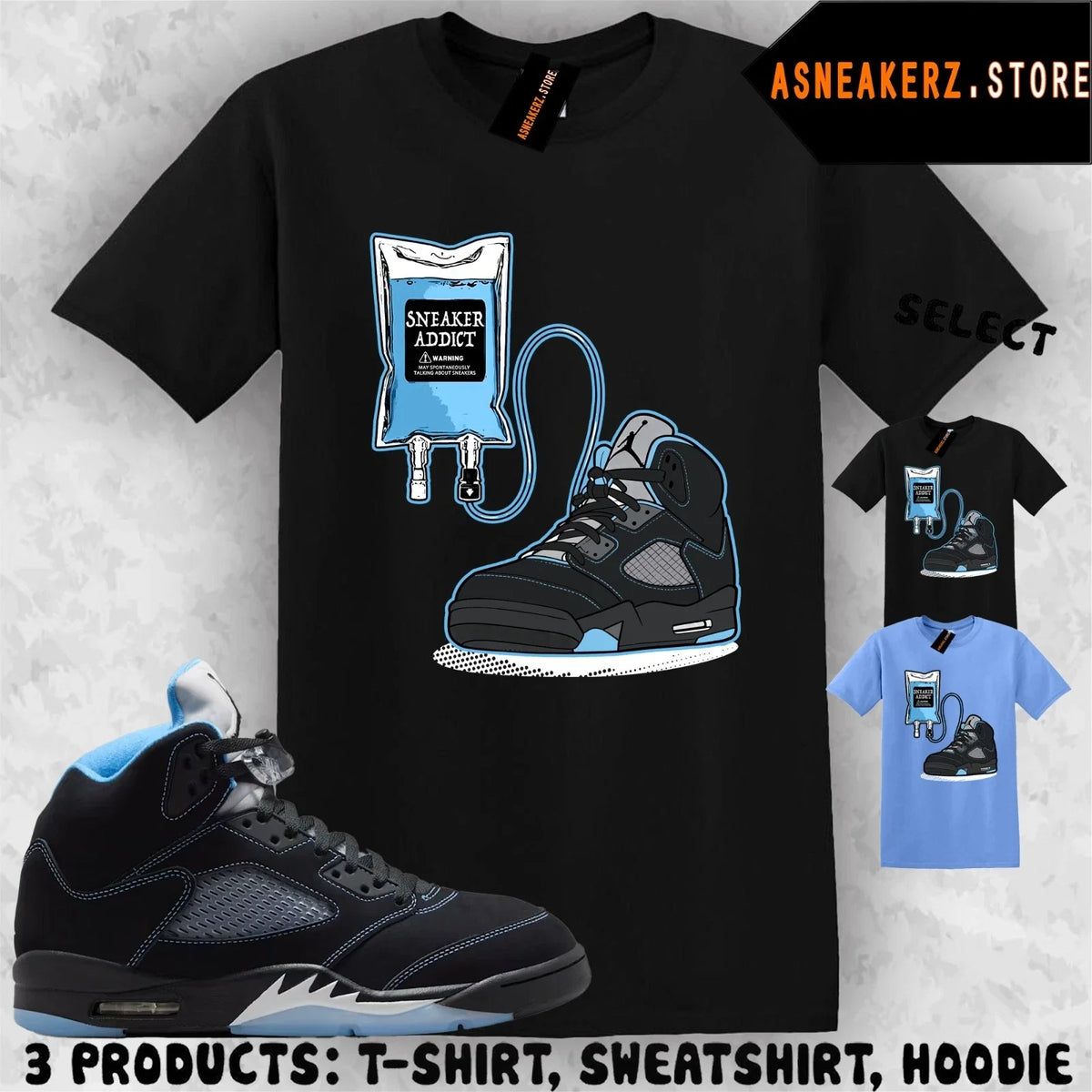 Tee Shirt Matching AJ 5 Black UNC Blue 2026 To Match Sneaker Therapy 5s Unisex