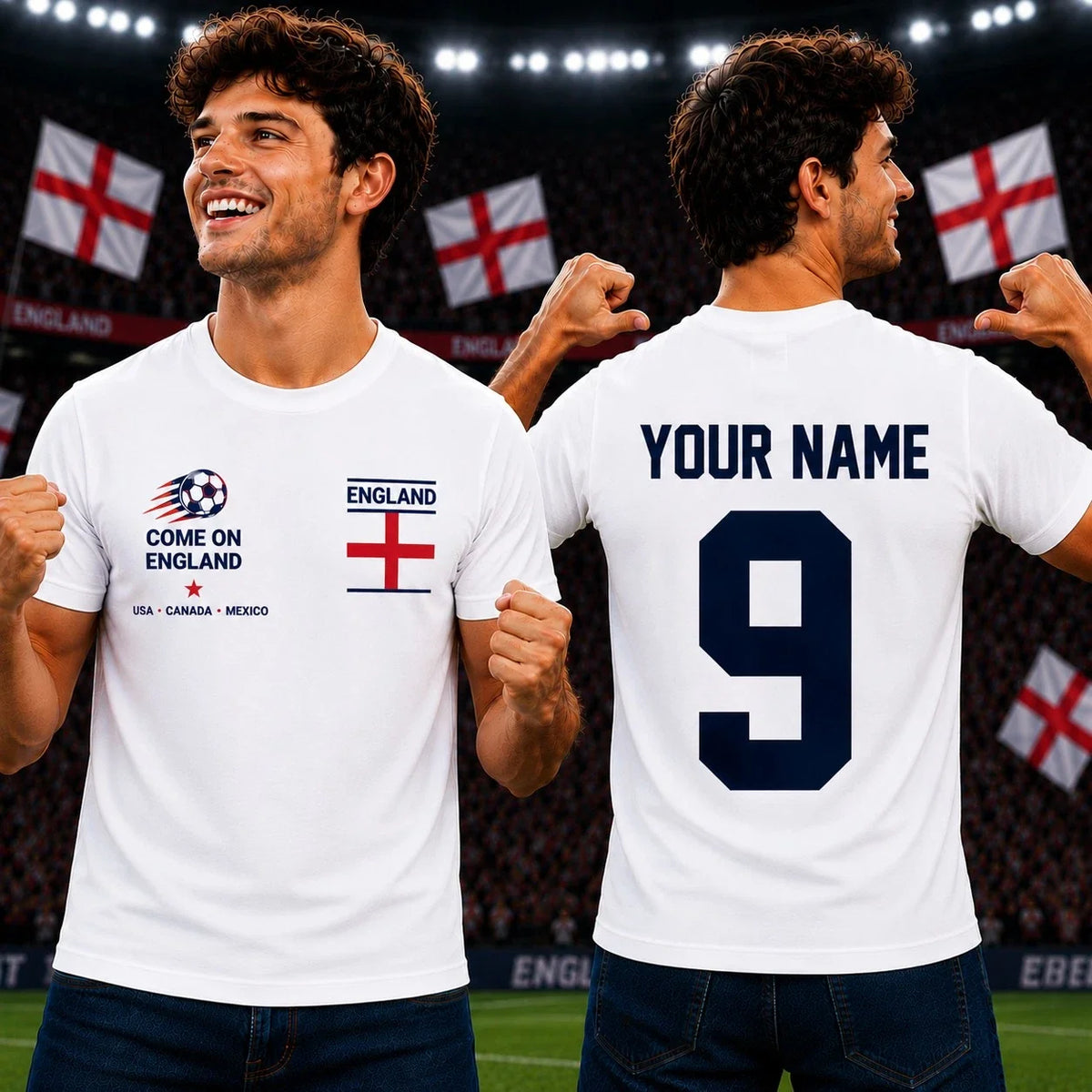 Personalised Come On England Football T Shirt Custom Name Number Fan Tee Unisex