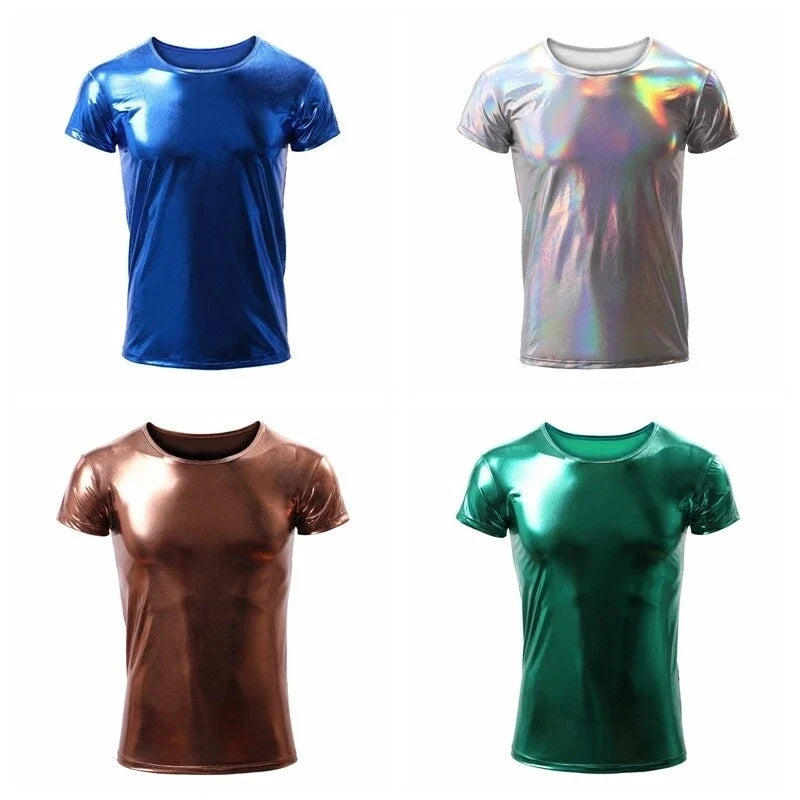 Men's Faux Leather Tops Shiny Metallic Wet Look Fitted Stage Club Wear Unisex