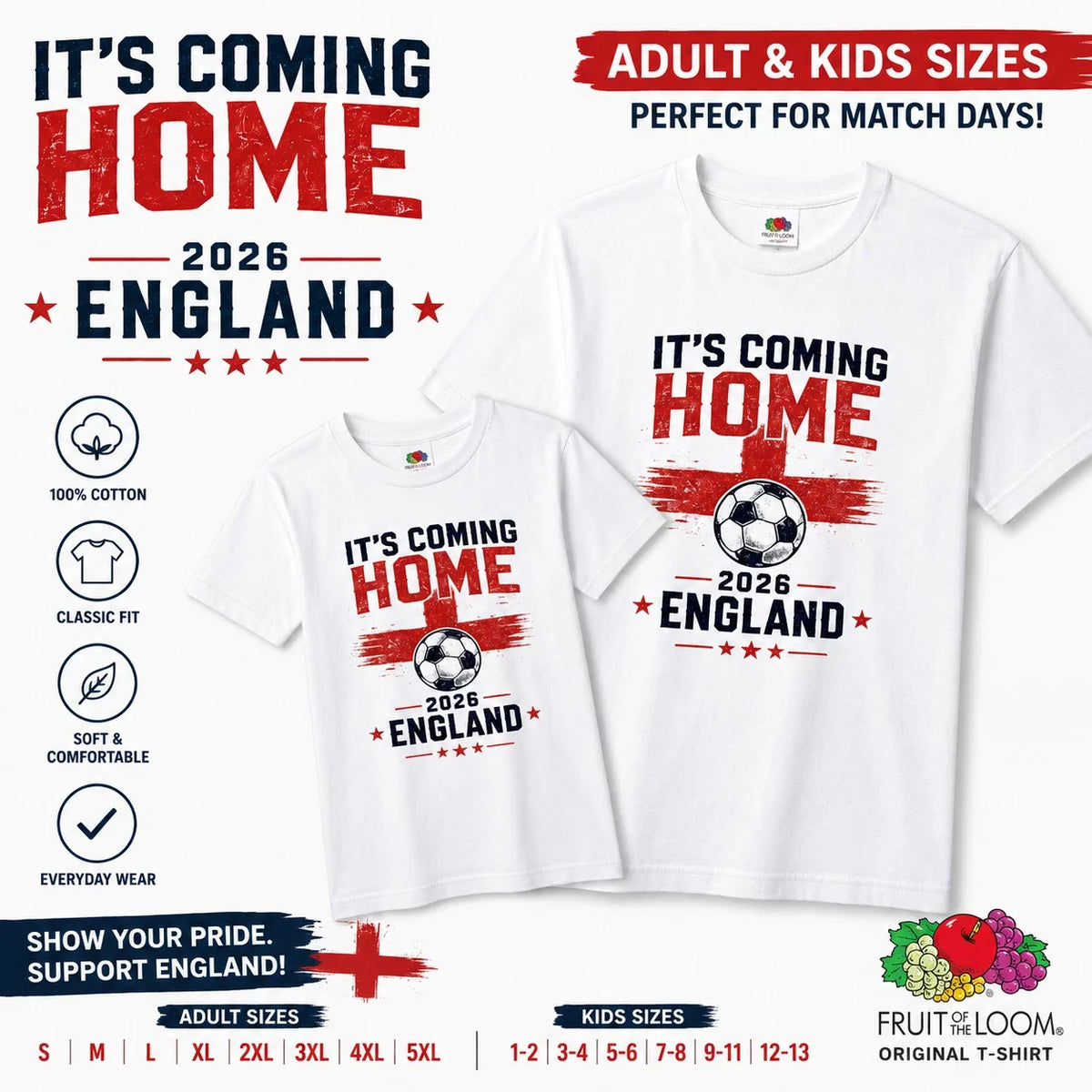 It's Coming Home 2026 England Football World Cup T Shirt Adult Kids White Unisex