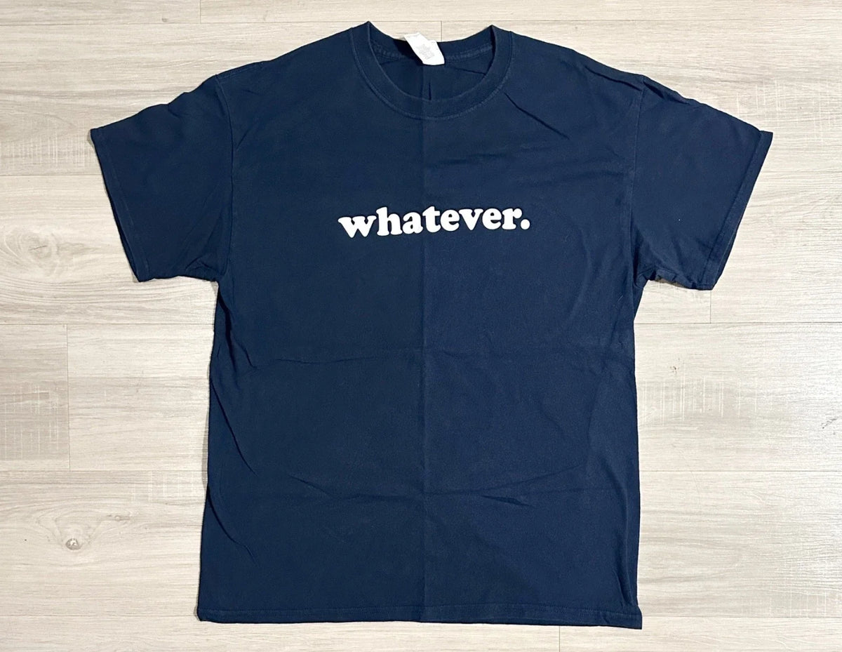 Y2K Whatever Men’s LARGE Navy Blue Minimalist Nevermind Slogan Tee Unisex