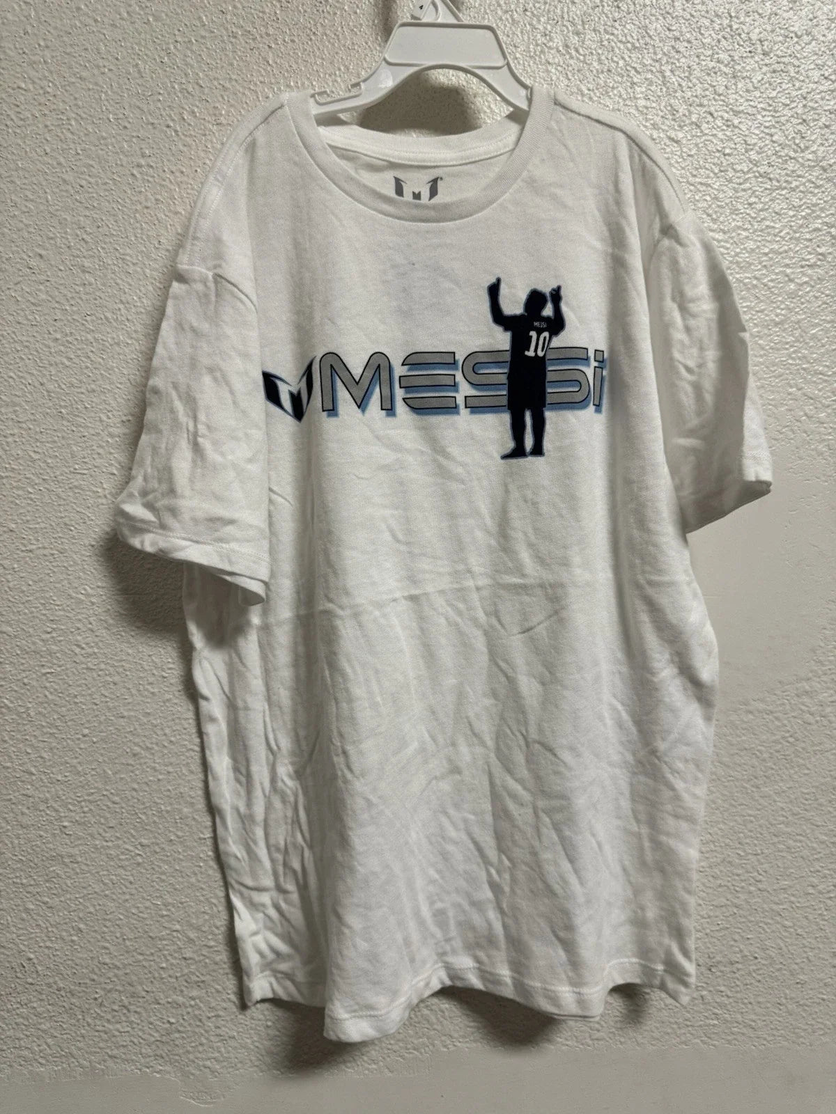 💝 MESSI Graphic Boys XL White Short Sleeve Crew Neck Soccer Football Unisex