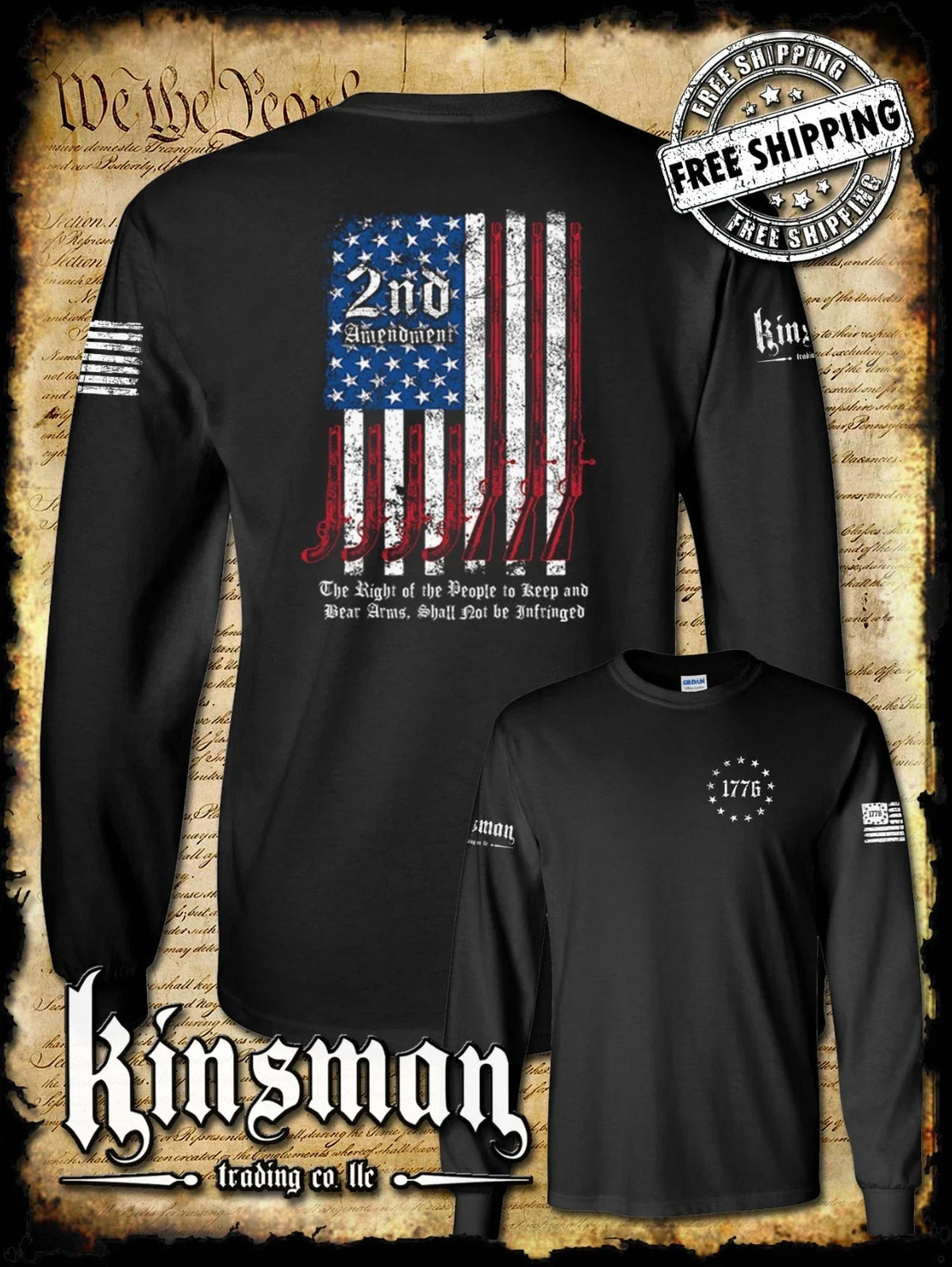 2nd Amendment Script 2-Sided Long Sleeve American Gun Flag USA Freedom Unisex