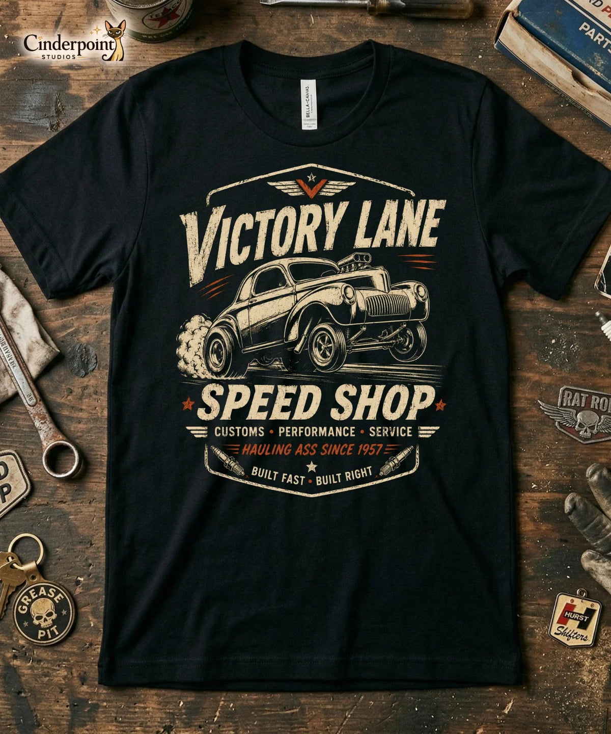 Victory Lane Speed Shop Shirt Hot Rod Hauling Ass Gasser Drag Racing Tee XS-5XL Unisex