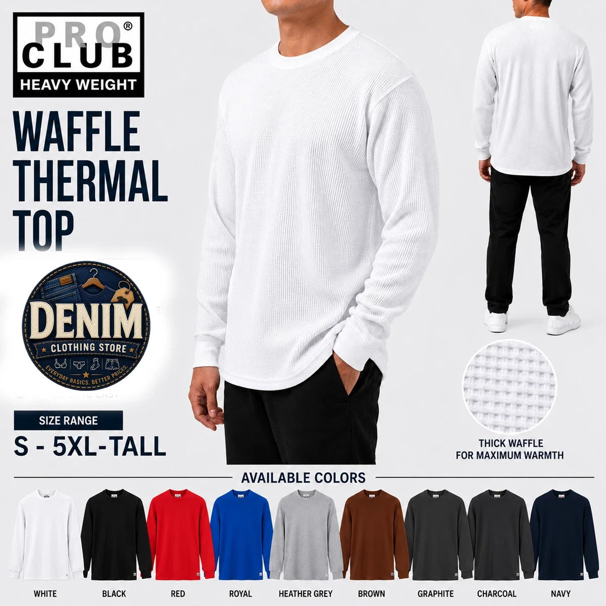 Pro Club Men’s Premium Heavyweight Waffle Thermal Shirt S-5XL Tall Long Sleeve Unisex