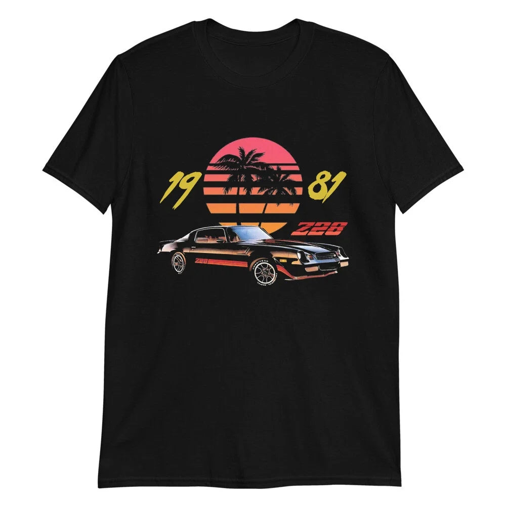 1981 Camaro Z28 80s Retro Sunset Palm Trees Short-Sleeve Unisex Unisex