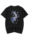 Niepce Japanese Streetwear Embroidery Blue Koi Graphic Tee for Men Unisex