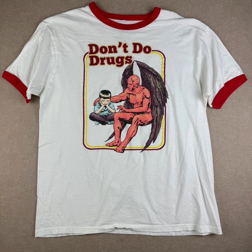Hot Topic Ringer T Shirt Mens XL White Red Don’t Do Drugs Devil Graphic Tee Unisex