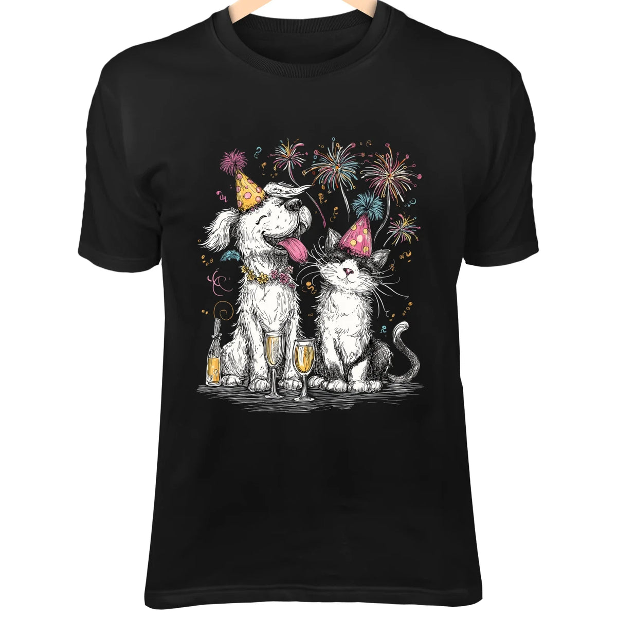 Holiday Dog & Cat Line Art - Cute Minimalist Cartoon with Party Hats, Fireworks Unisex