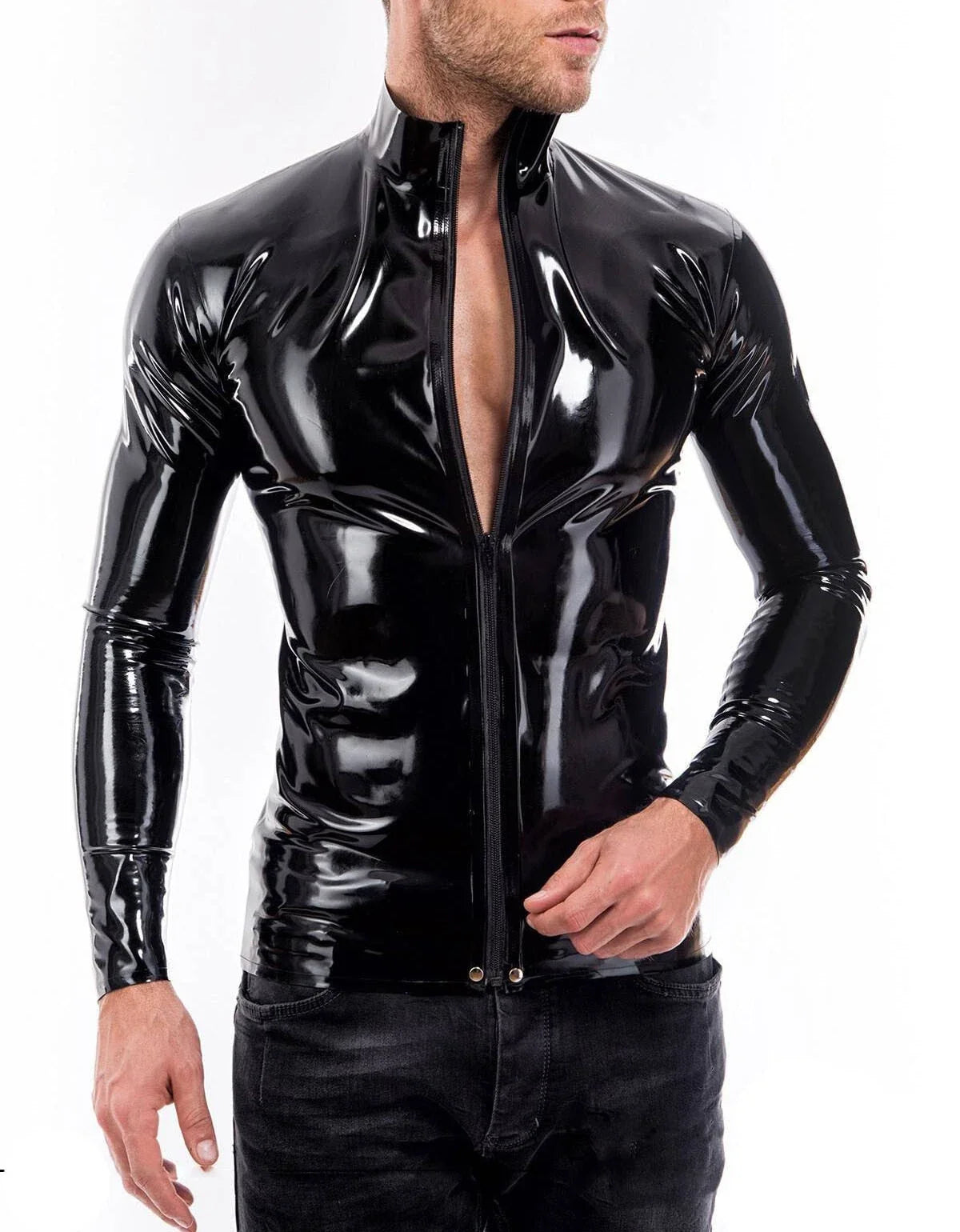 Latex tops men latex rubber s long sleeve front zip 0.4mm Unisex