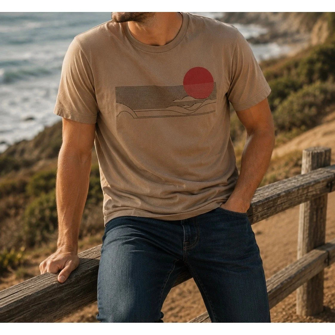 Goodfellow & Co Mens Tan Graphic Red Sun Landscape Crew Neck Size M Unisex
