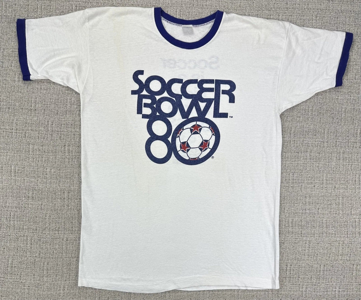 Vintage Champion Soccer Bowl 80 Shirt Sz L White Ringer NASL 1980s Double Sided Unisex