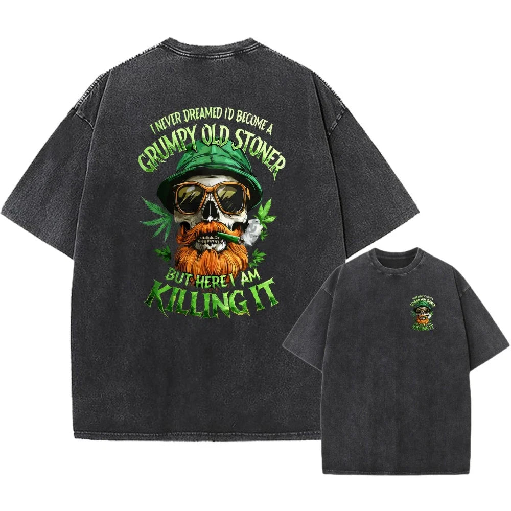 Vintage Oversized Washed Tee,Skull Grumpy Old Stoner Print Unisex Casual Unisex