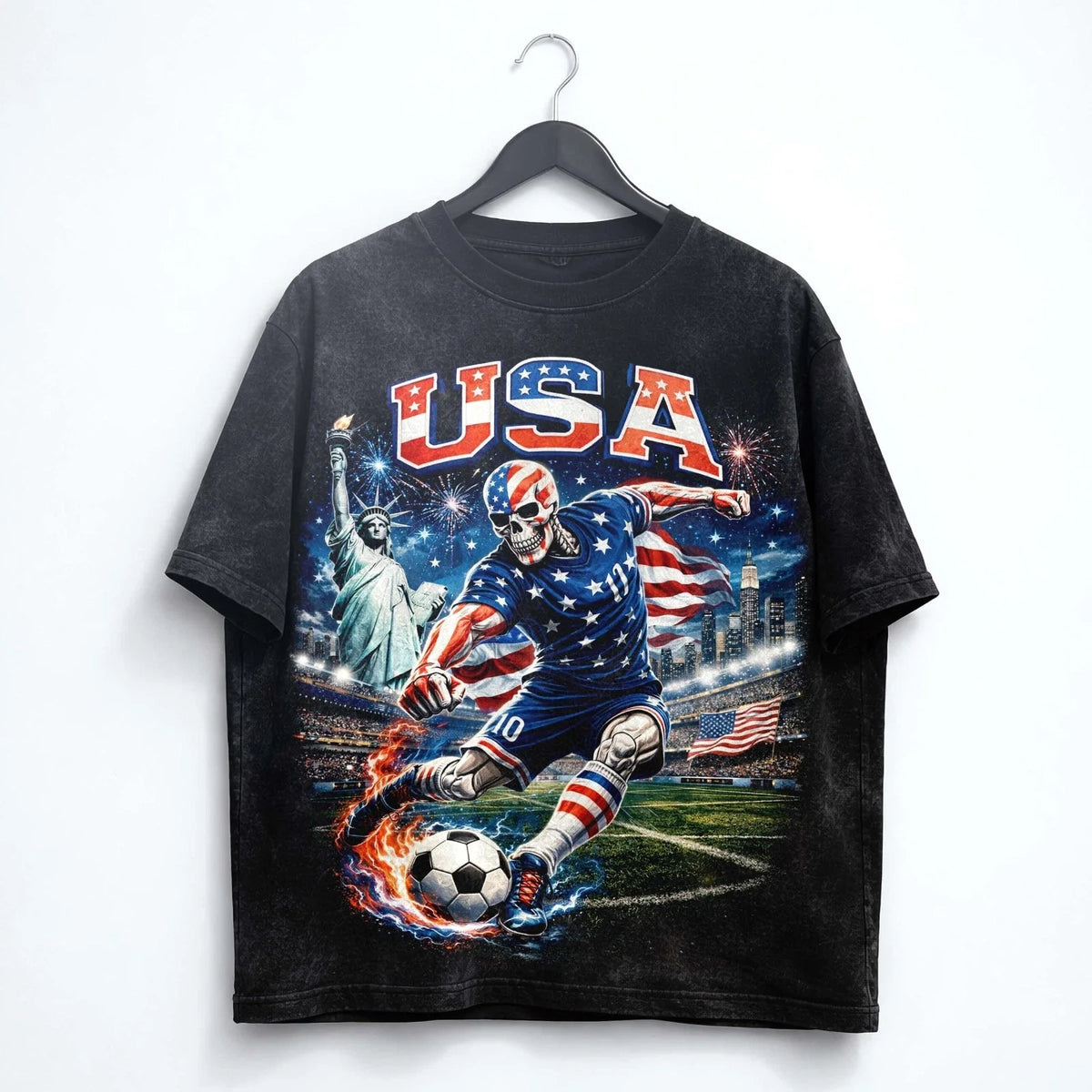 USA Soccer Skull Washed T Shirt American Flag World Cup 2026 Tee Unisex