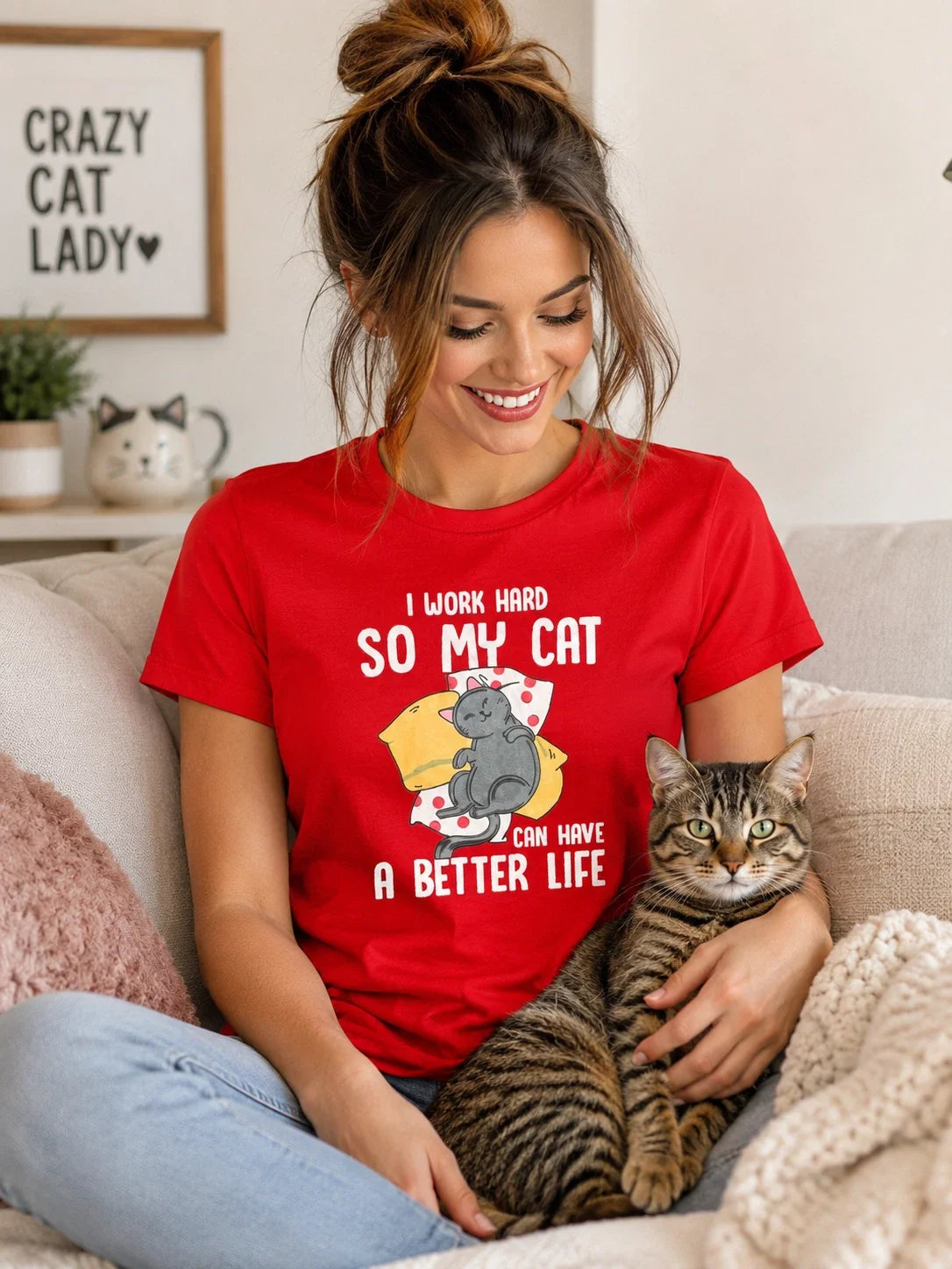 SHEIN Cat Graphic Small Red Funny Cat Lover Tee I Work Hard Better Life Unisex