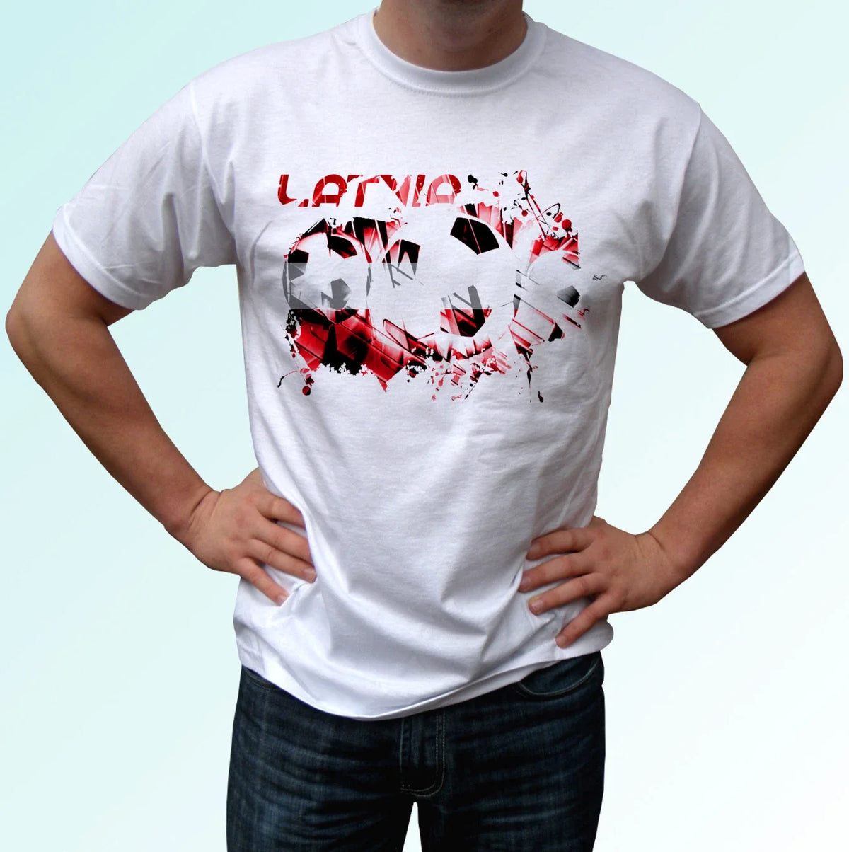 Latvia football flag white t shirt soccer style design mens womens kids baby Unisex