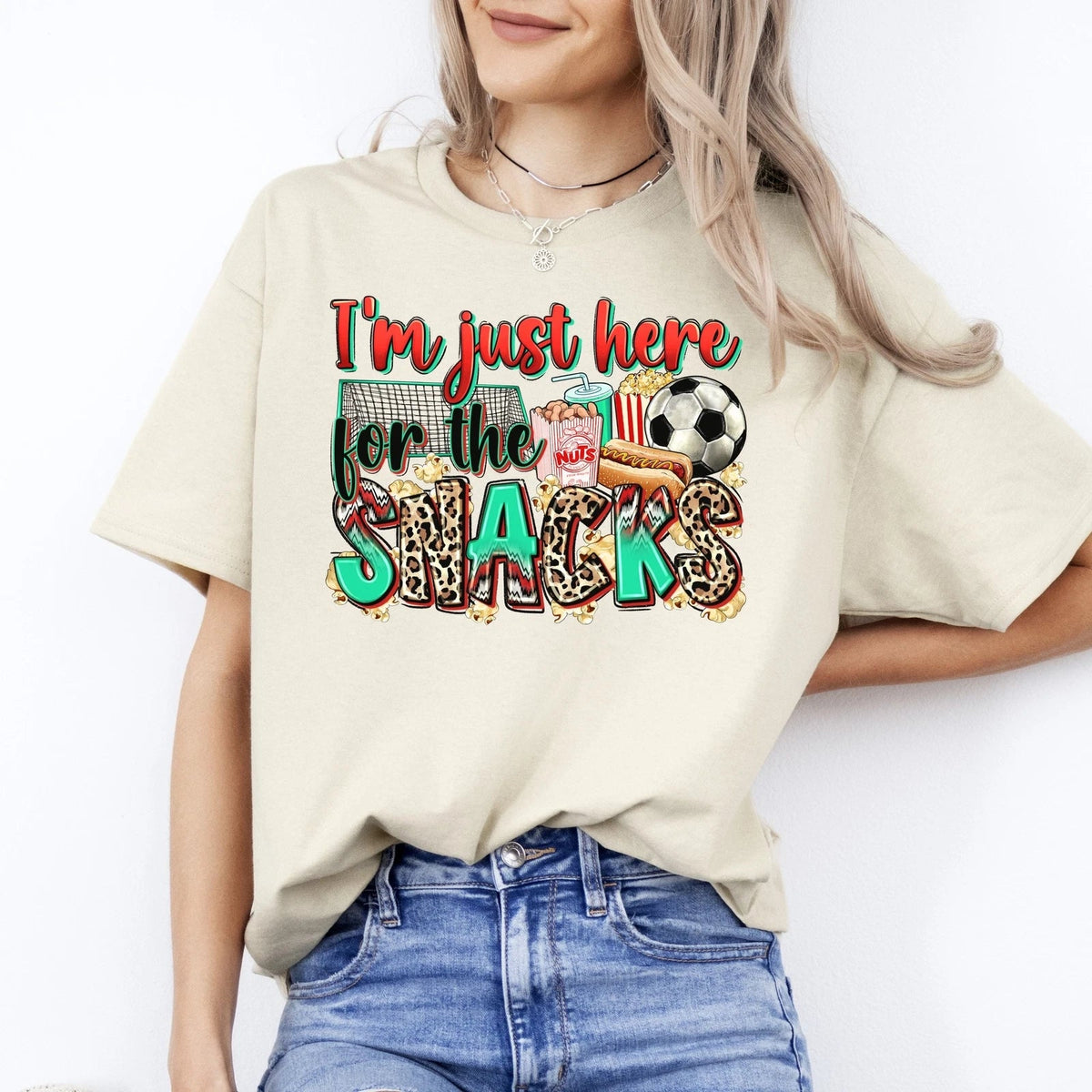 Soccer Cheer Soccer mom I'm just here for the snacks Unisex Tee Sand Whi Unisex