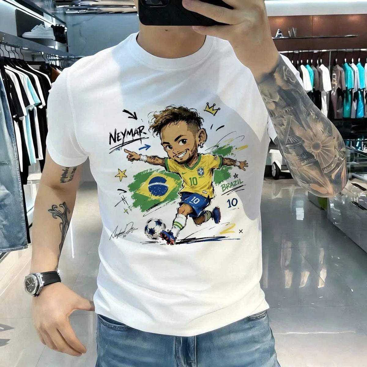 Neymar Brazil Soccer Graphic Cartoon Football Fan Unisex White Tee Unisex