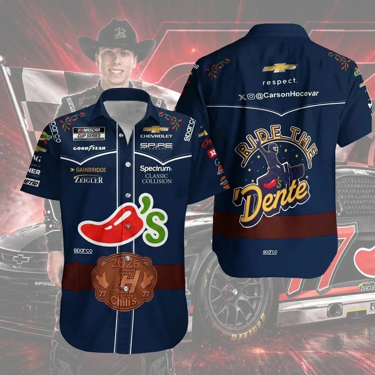 🔥2026 Carson #77 Hocevar Racing Chilis Navy Hawaiian Gift Racing Fans Unisex