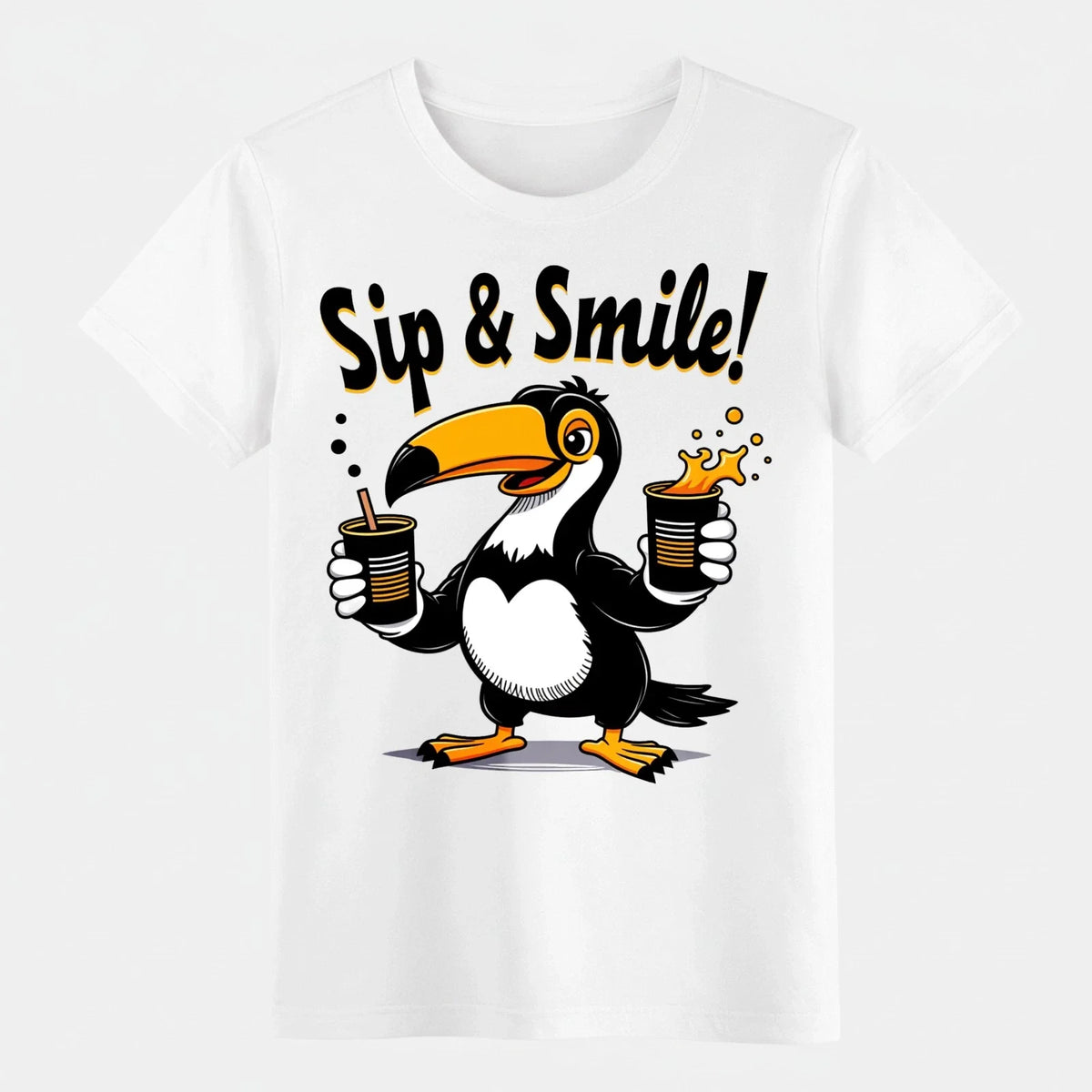 Sip & Smile Toucan Graphic Tee-Cute Cartoon Bird Print for Daily Wear Unisex