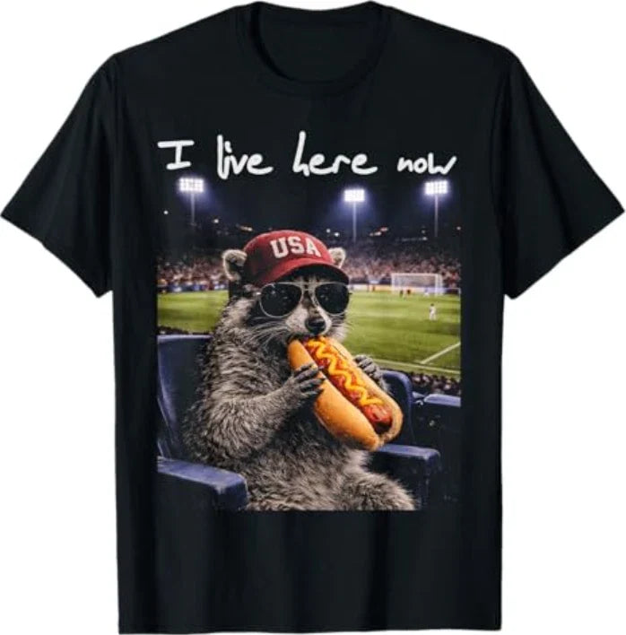 Funny Raccoon Ballfield Hot-Dog Soccer I Live Here Now Unisex