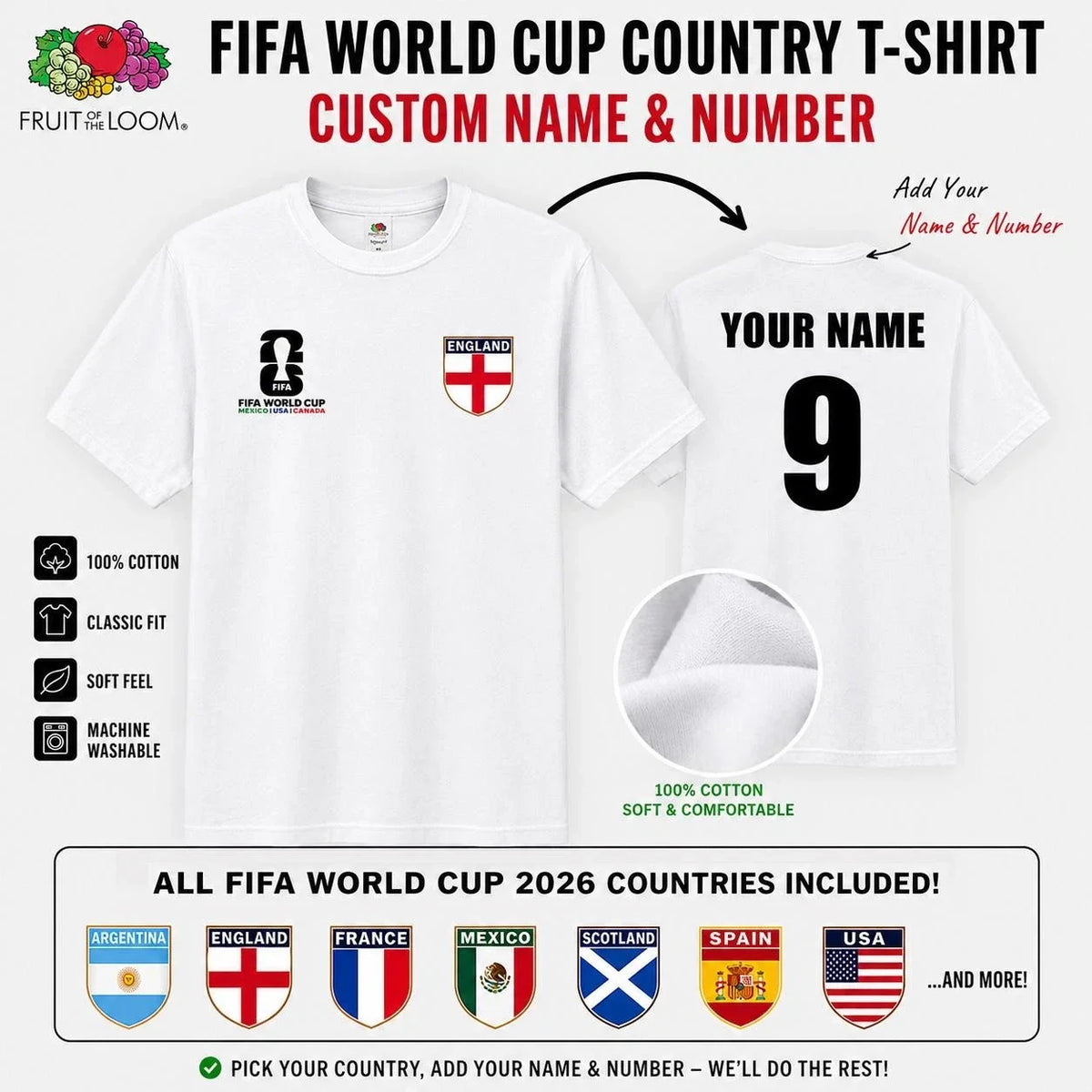 Personalised World Cup 2026 Country Football Mens Kids England Team Tee Unisex