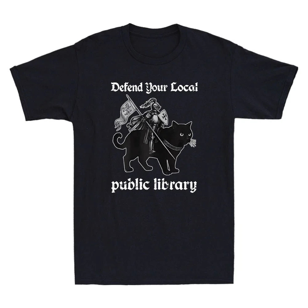 Defend Your Local Public Library Funny Knight With Cat Meme Retro Men's Unisex