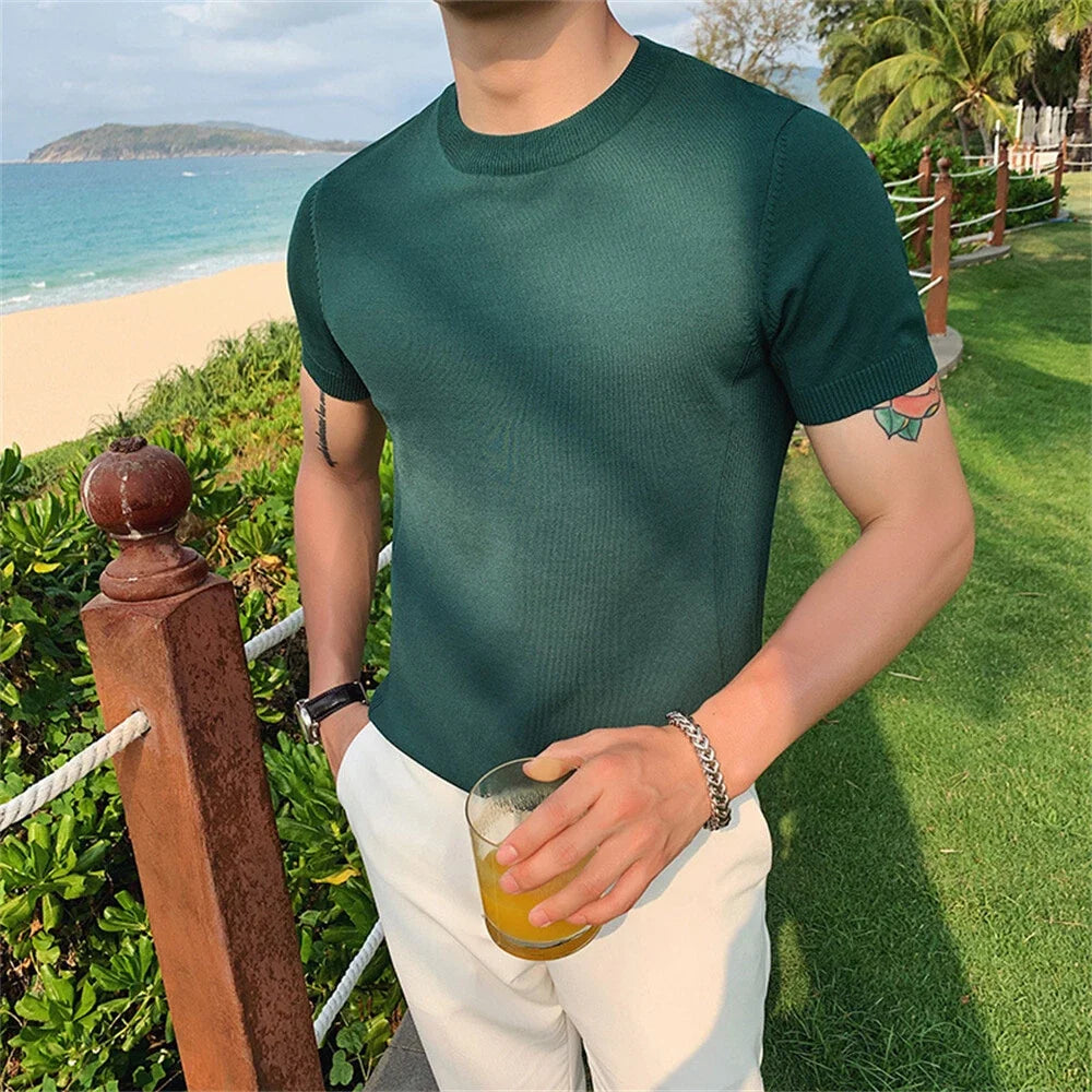 Men's Knitted Short Sleeve Classic Casual Slim Round Neck Shirts Unisex