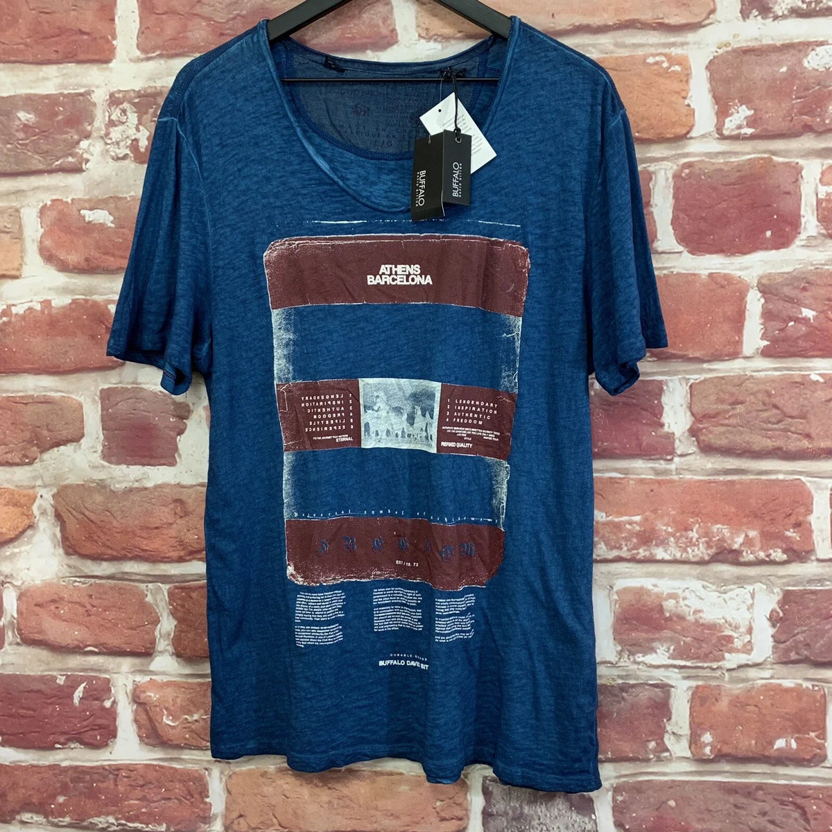 David Bitton Athens Barcelona T Shirt Mens Large Teal Blue Casual Distressed Unisex