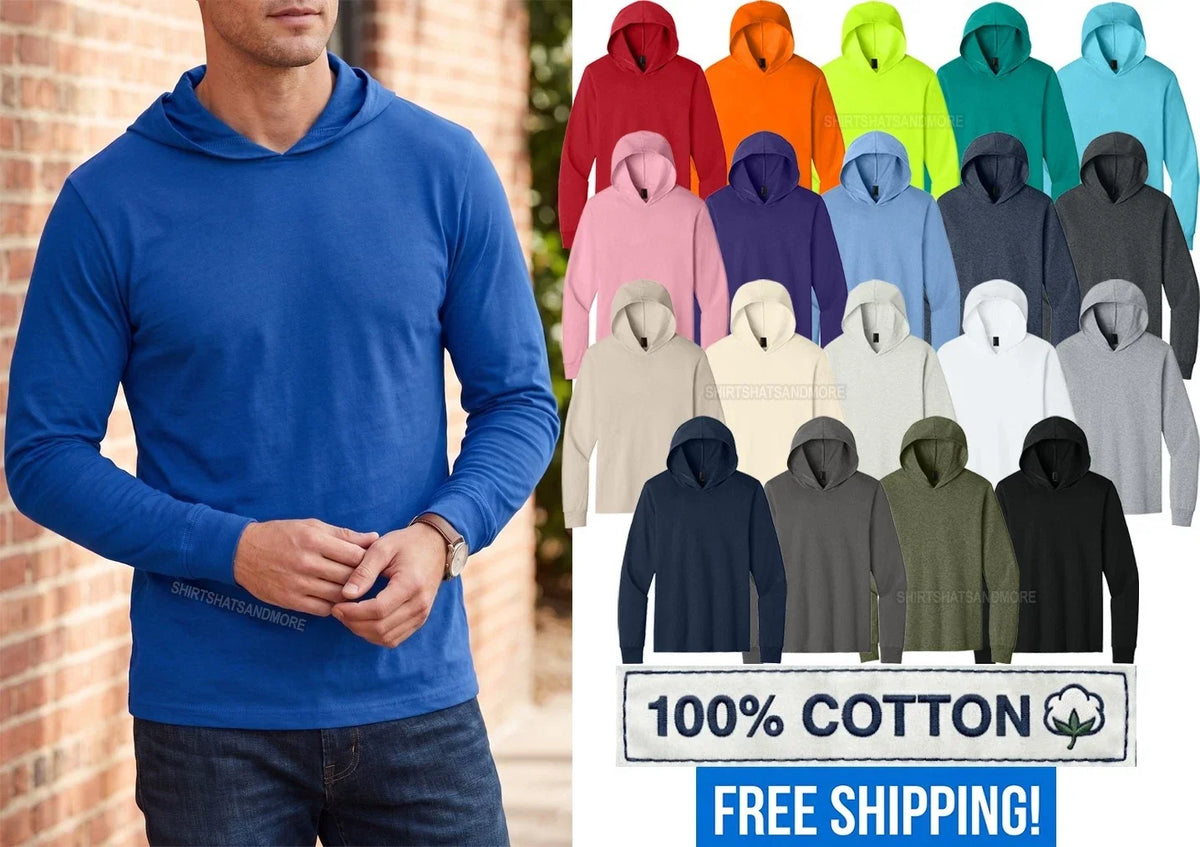 Men’s Lightweight Long Sleeve Hooded Tee 100% Cotton S-4XL NEW! Unisex