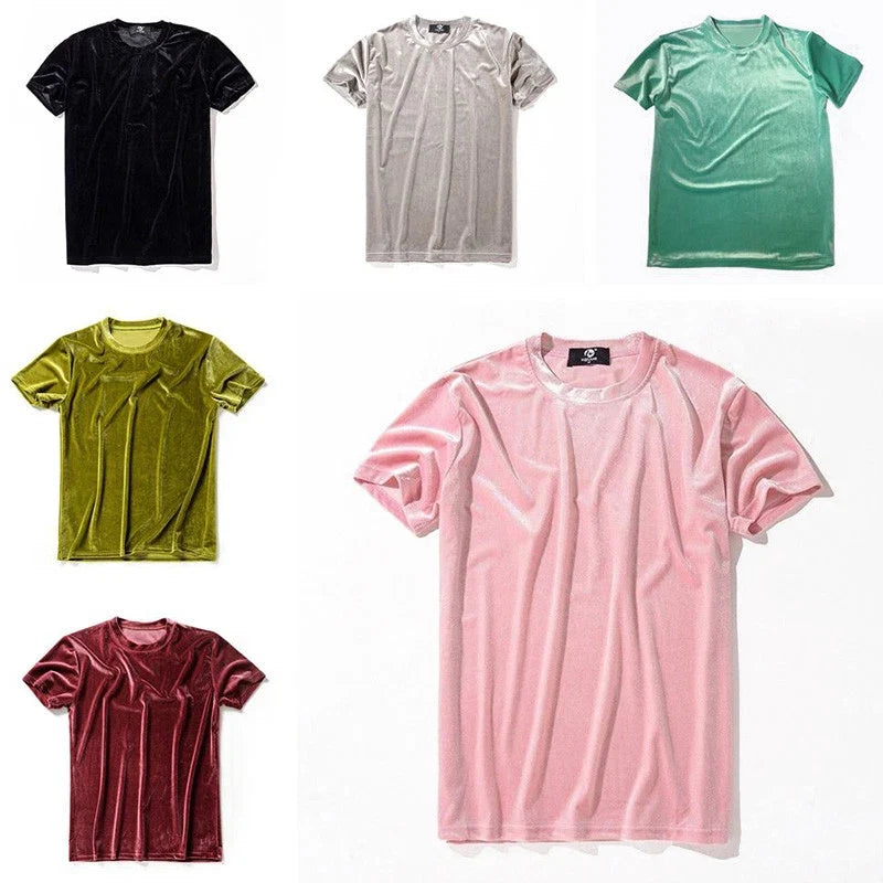Mens Womens Velvet Short Sleeve Crew Neck Velour Top Tee Shirt Soft Slim Unisex