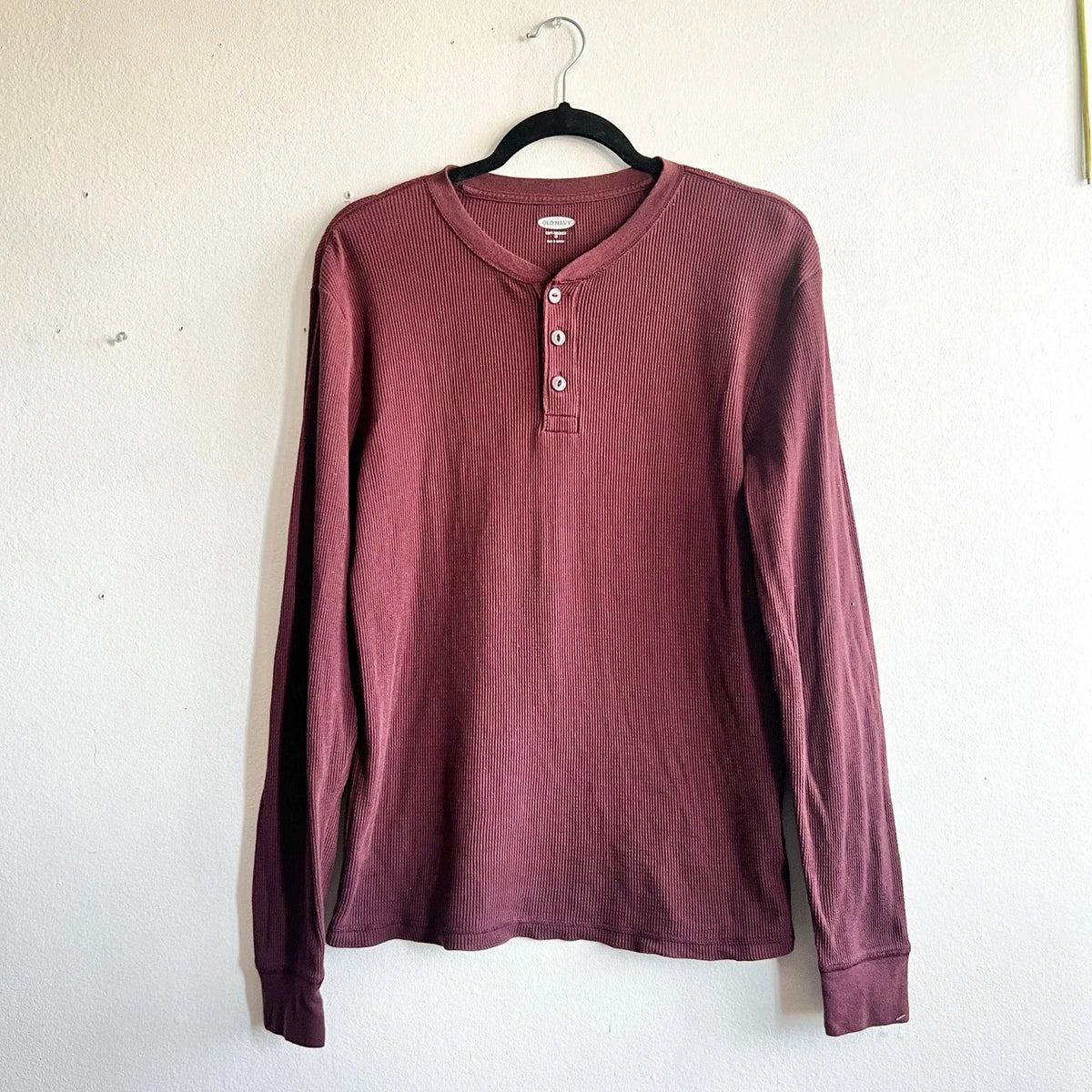 Old Navy Waffle Knit Long Sleeve T Shirt Mens M Burgundy Thermal Henley Cotton Unisex
