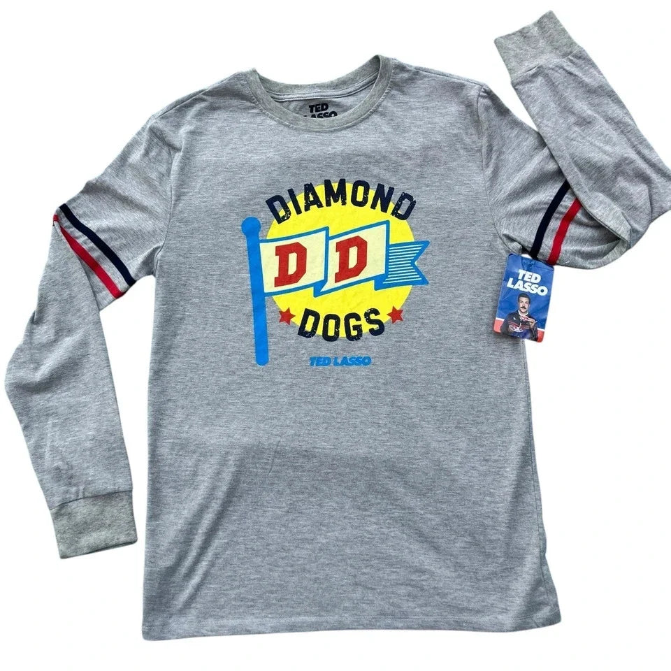 Ted Lasso Shirt Gray Long Sleeve Crew Neck Diamond Dogs Soccer Size M S233 Unisex