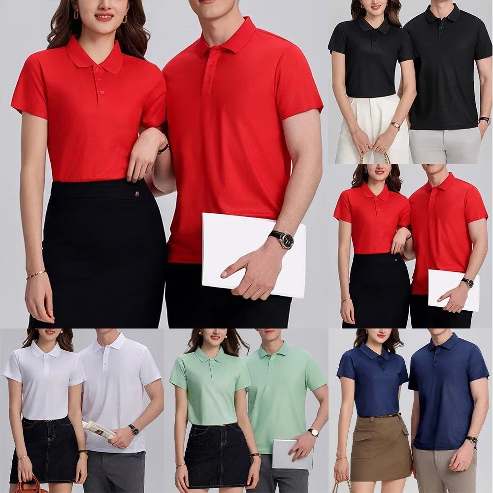 Plain Color Lapel T Shirt Men Short Sleeve Breathable Daily Office Wear Unisex