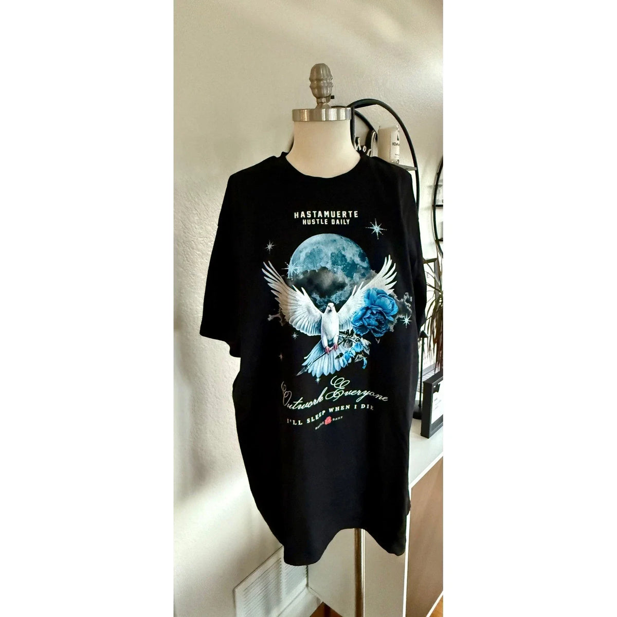Hasta Muerte Hustle Daily Outwork Everyone Graphic Tee Black XL Dove Rose Moon Unisex