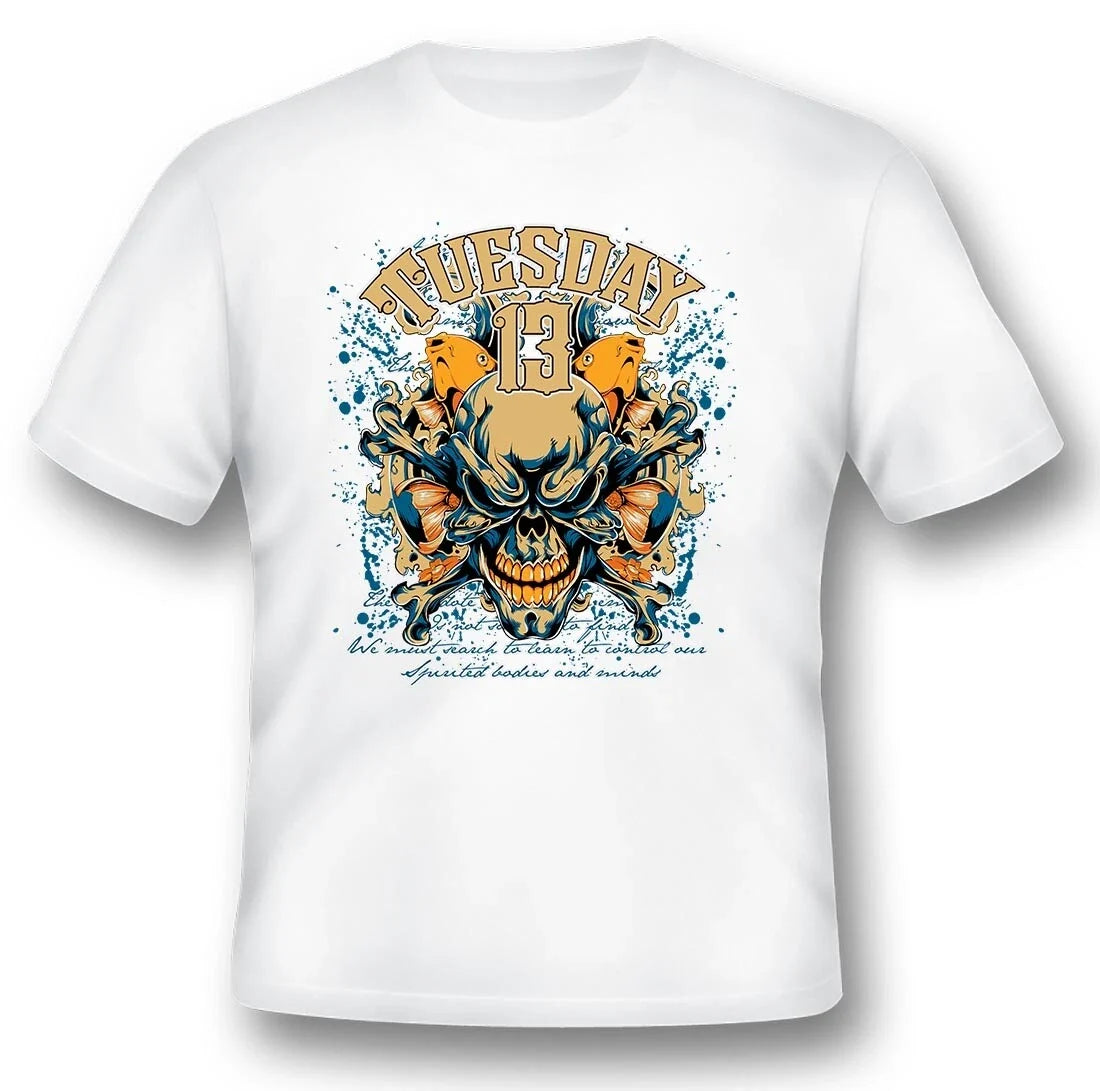 Tuesday 13 skull crossbones fish black or white tee Unisex