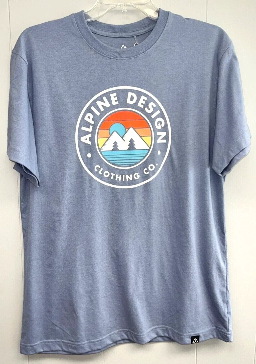 Mens Short Sleeve Soft , Mountain Graphic, Blue, Alpine Design - LARGE Unisex